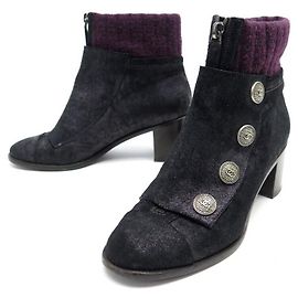 CHAUSSURES CHANEL BOTTINES BOUTONS CC G29221 37.5 EN DAIM NOIR BOOTS SHOES Noir