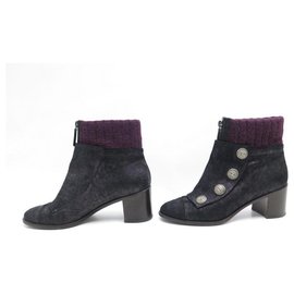 Chanel-CHANEL SHOES ANKLE BOOTS CC G BUTTONS29221 37.5 BLACK SUEDE BOOTS SHOES-Black