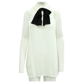 Reformation-Sleeveless Ivory Shirt with Black Bow-White,Cream