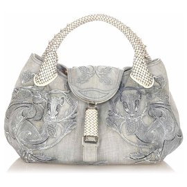 Fendi-Fendi Blue Embroidered Spy Denim Handbag-Blue,Light blue