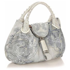 Fendi-Fendi Blue Embroidered Spy Denim Handbag-Blue,Light blue