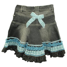 Monnalisa-Dark Jeans Mini Skirt with Crystals and Velvet decoration-Other