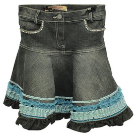 Monnalisa-Dark Jeans Mini Skirt with Crystals and Velvet decoration-Other