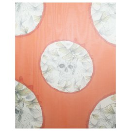 Alexander Mcqueen-Dragonflies and Skulls Print Orange Silk Scarf-Orange