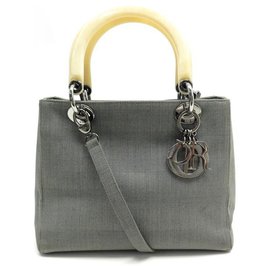 Christian Dior-CHRISTIAN DIOR LADY SMALL BAG HANDBAG CANVAS GRAY CANVAS HAND BAG-Grey