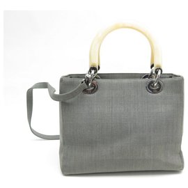 Christian Dior-CHRISTIAN DIOR LADY SMALL BAG HANDBAG CANVAS GRAY CANVAS HAND BAG-Grey