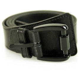 Burberry Woman's Black Glossy Leather Rectangular Buckle Belt size 2 Black