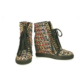 Casadei Multicolor Tweed Iconic Chain Wedge Ankle Booties Shoes Boot size 36.5 Multiple colors