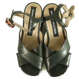 Marc Jacobs " Rowan" Black Leather Beaded Buckle Wedge Sandal Platform SZ 39 Black