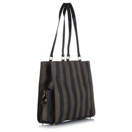 Fendi-Fendi Brown Pequin Tote Bag-Brown,Black