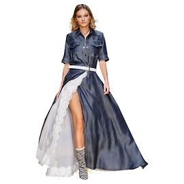 Autre Marque Robe longue bleue avec doublure brodée et ceinture blanche Bleu