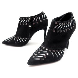 Louis Vuitton-LOUIS VUITTON SPIKES LOW BOOTS SHOES 37.5 BLACK SUEDE ANKLE BOOTS-Black