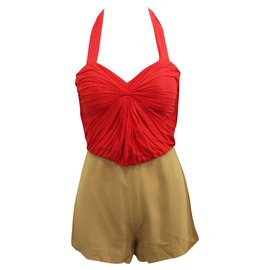 Autre Marque-Red and Brown Romper with Pleated Front -Red