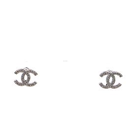 Chanel Silver Crystals Timeless CC Stud Earrings Silvery