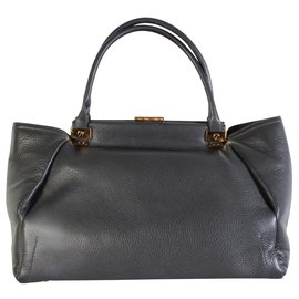 Lanvin-Trilogy Shopper Grey Leather Shoulder Bag-Grey