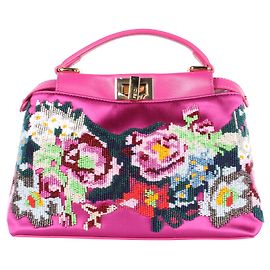 Fendi Peekaboo Iconic Mini Beaded Floral Tote Bag  Purple