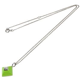 Hermès Hermes Silver Medor Folk Pendant Necklace Silvery Green