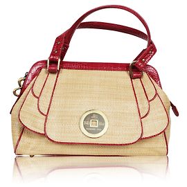 Shanghai Tang Red Leather Webbing Handbag Flesh