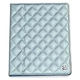 Chanel-CHANEL IPAD PROTECTOR IN BLUE GRAY QUILTED PATENT LEATHER-Blue,Grey