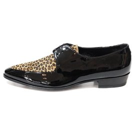 Céline-CELINE POINTED DERBIES IN BLACK PATENT LEATHER AND LEOPARD CHICKEN calf leather-Black,Leopard print
