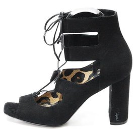 Saint Laurent-SAINT LAURENT HIGH-TOP SANDALS WITH CUTOUT IN BLACK SUEDE WIDE HEEL-Black