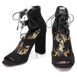 Saint Laurent-SAINT LAURENT HIGH-TOP SANDALS WITH CUTOUT IN BLACK SUEDE WIDE HEEL-Black