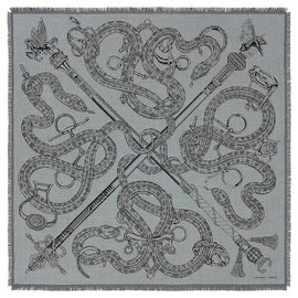 Hermès-HERMES «CADUCEE ROC» SCARF 100-Black,Grey