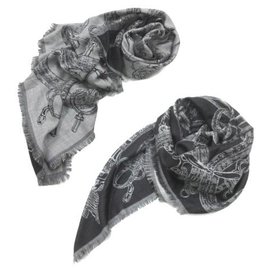 Hermès-HERMES «CADUCEE ROC» SCARF 100-Black,Grey
