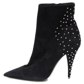 Saint Laurent-SAINT LAURENT ANKLE BOOTS WITH THIN POINTED TOE IN BLACK SUEDE WITH SILVER STUDS ON THE BACK-Black
