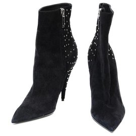 Saint Laurent-SAINT LAURENT ANKLE BOOTS WITH THIN POINTED TOE IN BLACK SUEDE WITH SILVER STUDS ON THE BACK-Black