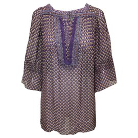 Calvin Klein-Purple Print Silk Blouse with Embellishments-Purple