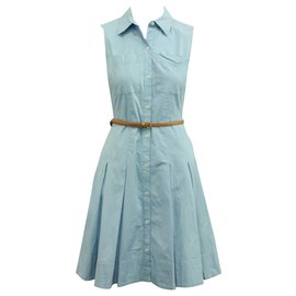 Michael Kors-Bby Blue Sleeveless Shirt Dress with Brown Belt-Blue