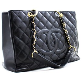 Chanel-CHANEL Caviar GST 13" Grand Shopping Tote Chain Shoulder Bag Black-Black