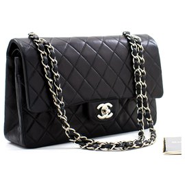Chanel-Chanel 2.55 Bolso de hombro mediano con cadena plateada y solapa forrada Negro-Negro