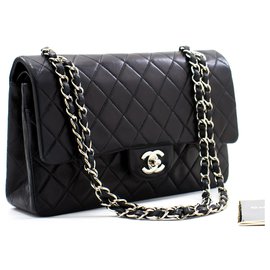 Chanel-Chanel 2.55 lined Flap Medium Silver Chain Shoulder Bag Black-Black