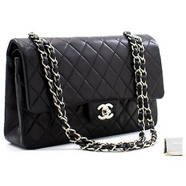 Chanel 2.55 Borsa a tracolla con catena media argento foderata con patta nera Nero