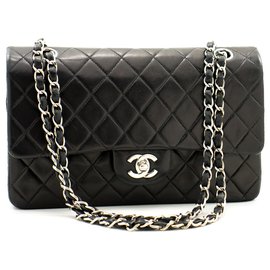 Chanel-Chanel 2.55 Borsa a tracolla con catena media argento foderata con patta nera-Nero