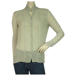 Helmut Lang-Helmut Lang Gray Long 100% Silk Sheer Blouse Button Shirt Top Size S-Grey