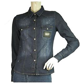 Philipp Plein Blue Denim Jeans Smiley Face Fitted Button Shirt Top - Taille S Bleu