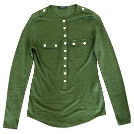 Balmain Tunique Henley en lin vert à boutons embossés Vert