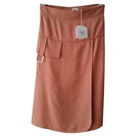 Hermès-HERMES MIDI SKIRT ESPRIT PORTEFEUILLE EN CRÊPE DE SOIE-Beige