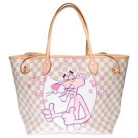 Louis Vuitton Neverfull medium model shopping bag in azure damier canvas customized "Pink Panther & Champagne Bubbles" Beige