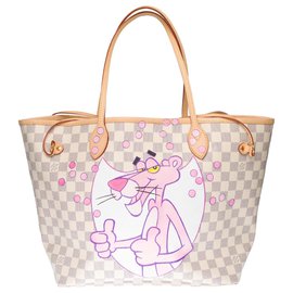 Louis Vuitton-Louis Vuitton Neverfull medium model shopping bag in azure damier canvas customized "Pink Panther & Champagne Bubbles"-Beige