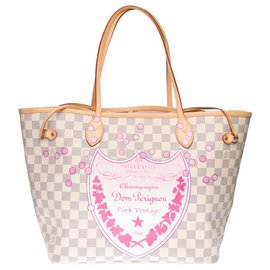 Louis Vuitton-Louis Vuitton Neverfull medium model shopping bag in azure damier canvas customized "Pink Panther & Champagne Bubbles"-Beige