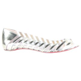 Christian Louboutin-Silver Specchio Leather A6 Peep Toe Flats-Golden,Metallic