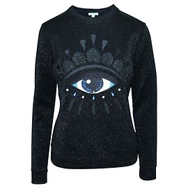 Kenzo Schwarzer, schimmernder Pullover mit gesticktem Auge Schwarz