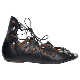 Aquazzura-Leather Lace Up Sandals-Black