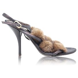 Gianna Meliani Rabbit Fur Crystal Sandals Brown