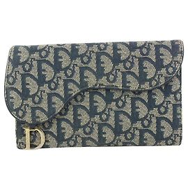 Dior Navy Blue Monogram Trotter Saddle Flap Long Wallet Other