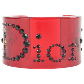 Dior Red Translucent Black Crystal Logo Cuff Bracelet Bangle Other